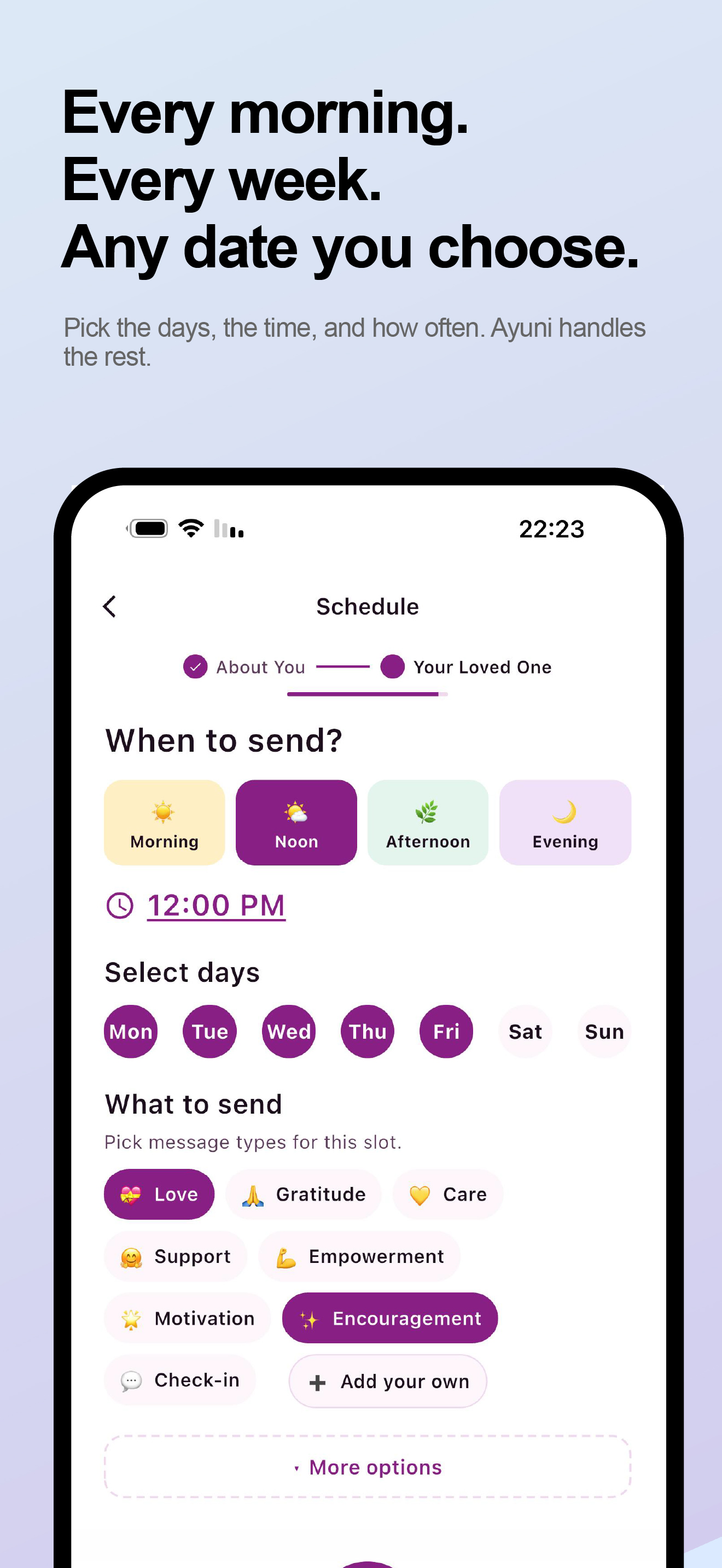 Scheduling messages by day, time, and type